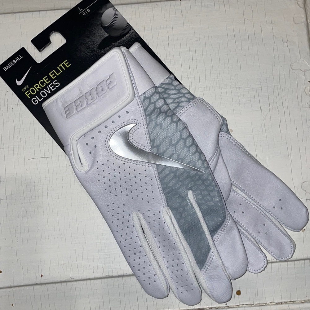 Nike FORCE ELITE Baseball Gloves White Leather & Silver Swoosh Large New Gift